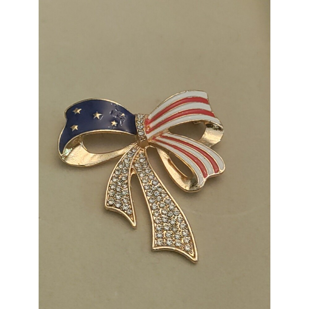 Red White & Blue Gold Ton Flag Bow Brooch W/Clear Rhinestones